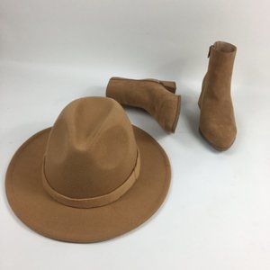 A New Day Women Suede Camel Ankle Boots Size 7.5 With Fedora Hat